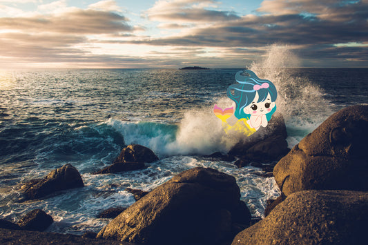 cartoon mermaid perched on a rock with wave splashing