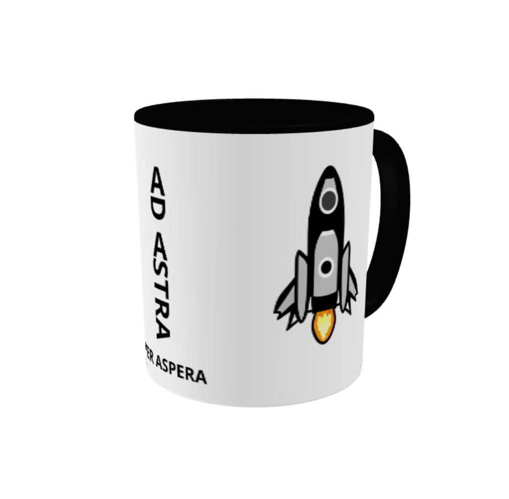 quarter view of mug showing rocketship and the quote Ad Astra Per Aspera