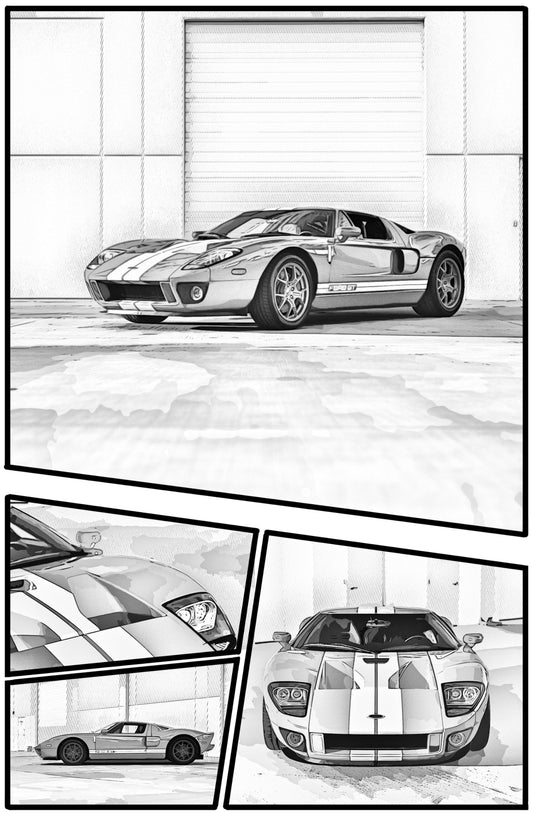 Ford GT Super car in black and white manga style with four panels