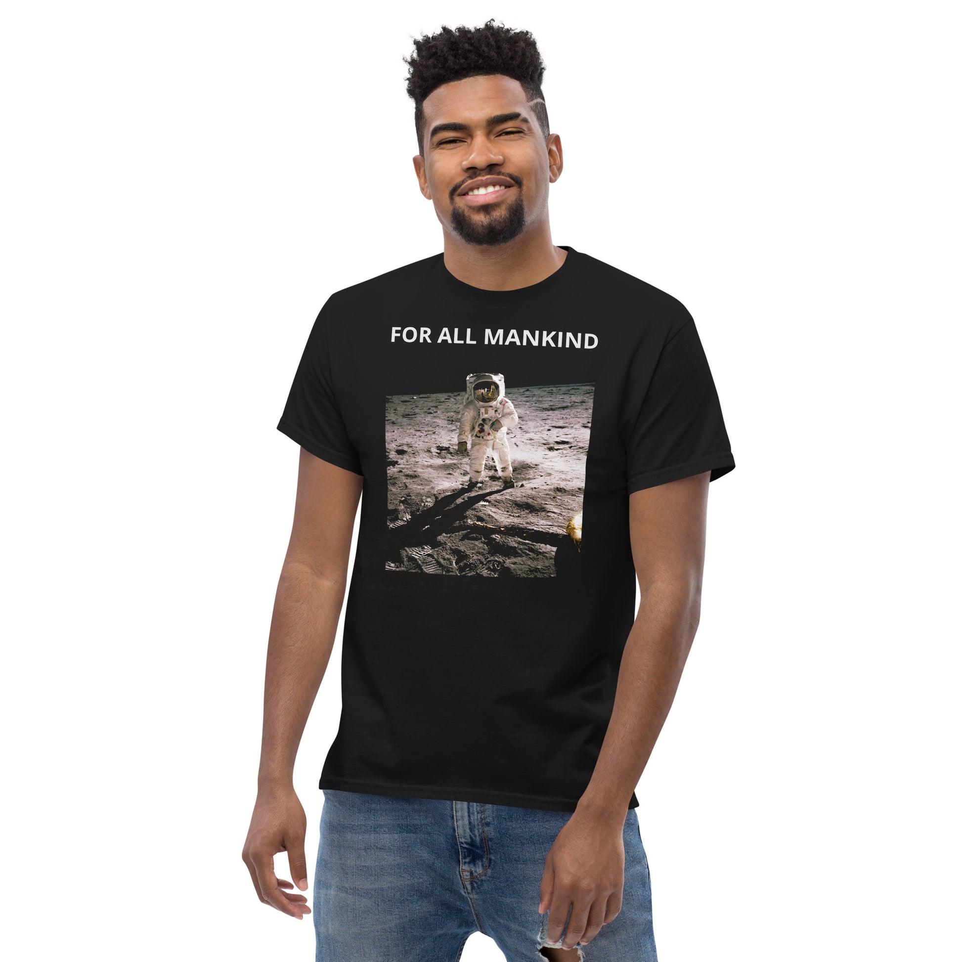 man smiling while wearing For All Mankind Astronaut Moon Black T-shirt
