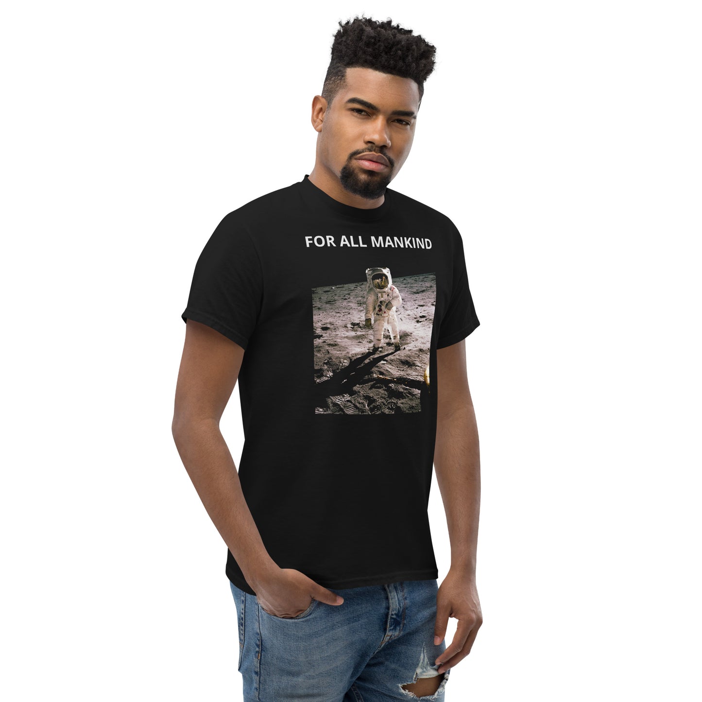 man wearing For All Mankind Astronaut Moon Black T-shirt
