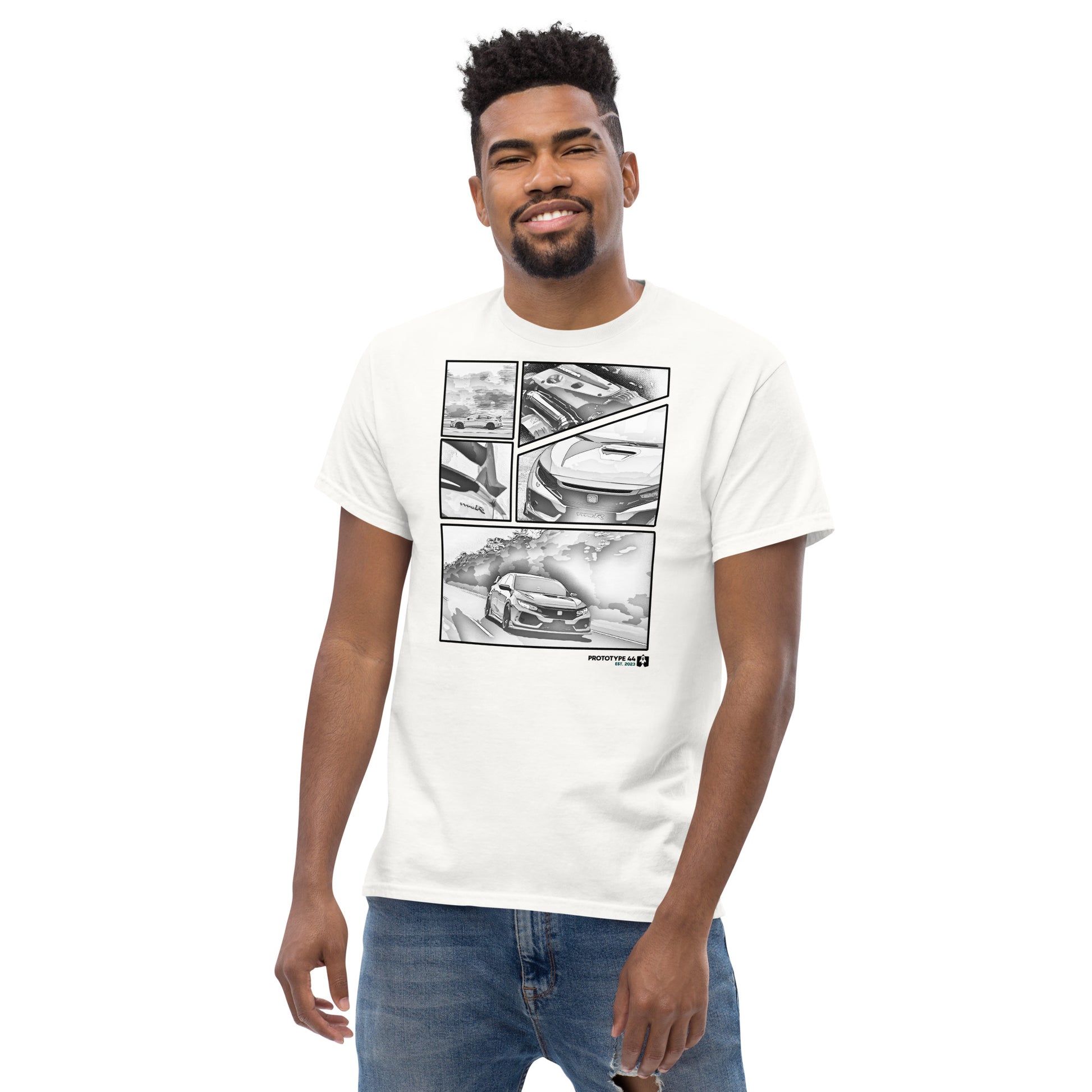 man smiling and relaxed wearing Honda Civic Type-R white t-shirt