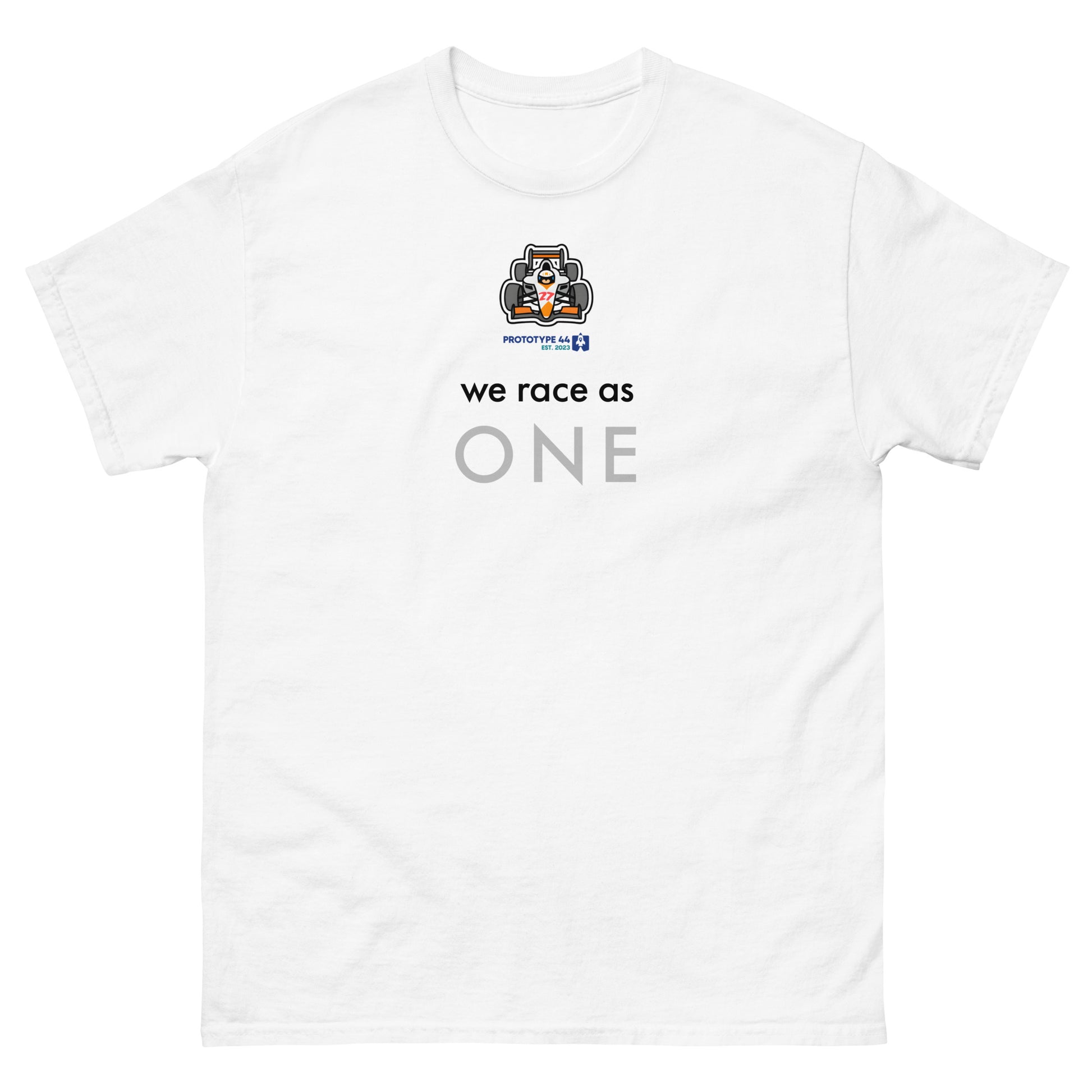 F1 "we race as one" shirt on white surface