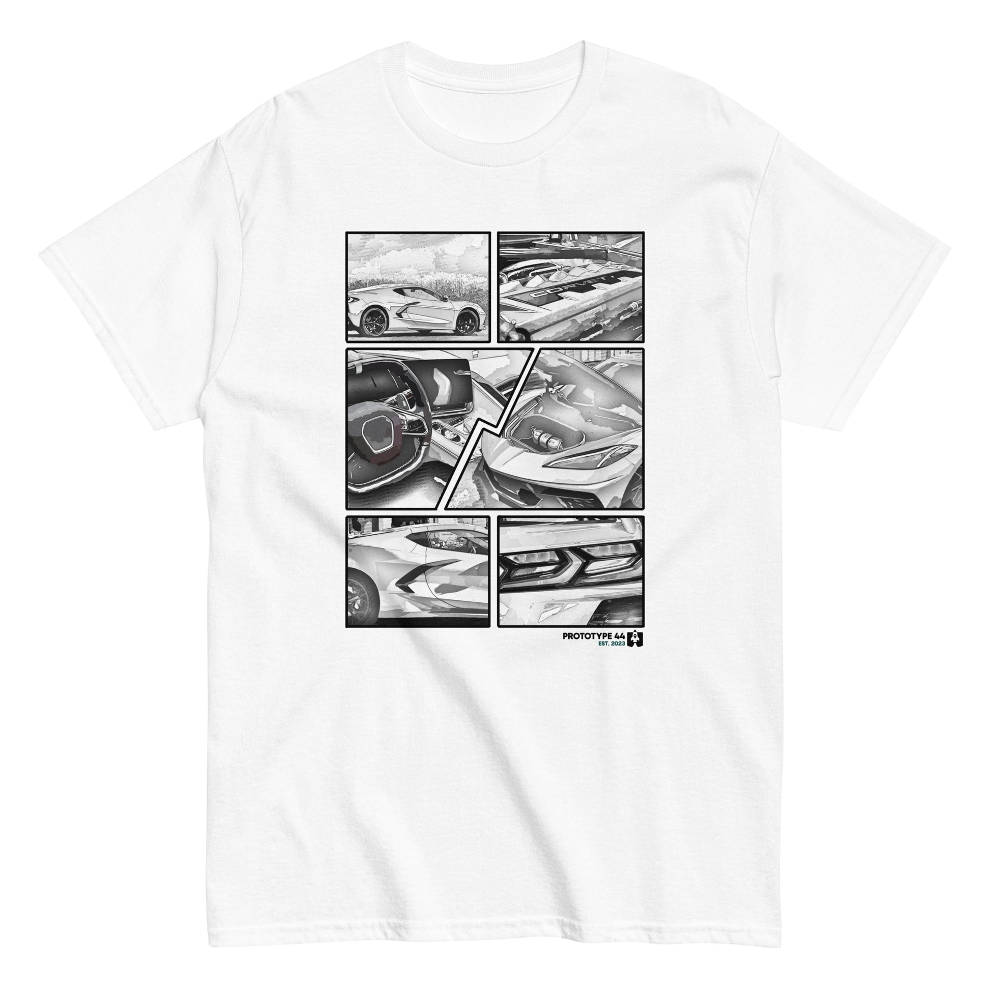 t-shirt on white surface. Manga with 6 panels: Corvette side views, tail light, steering wheel, engine, frunk.
