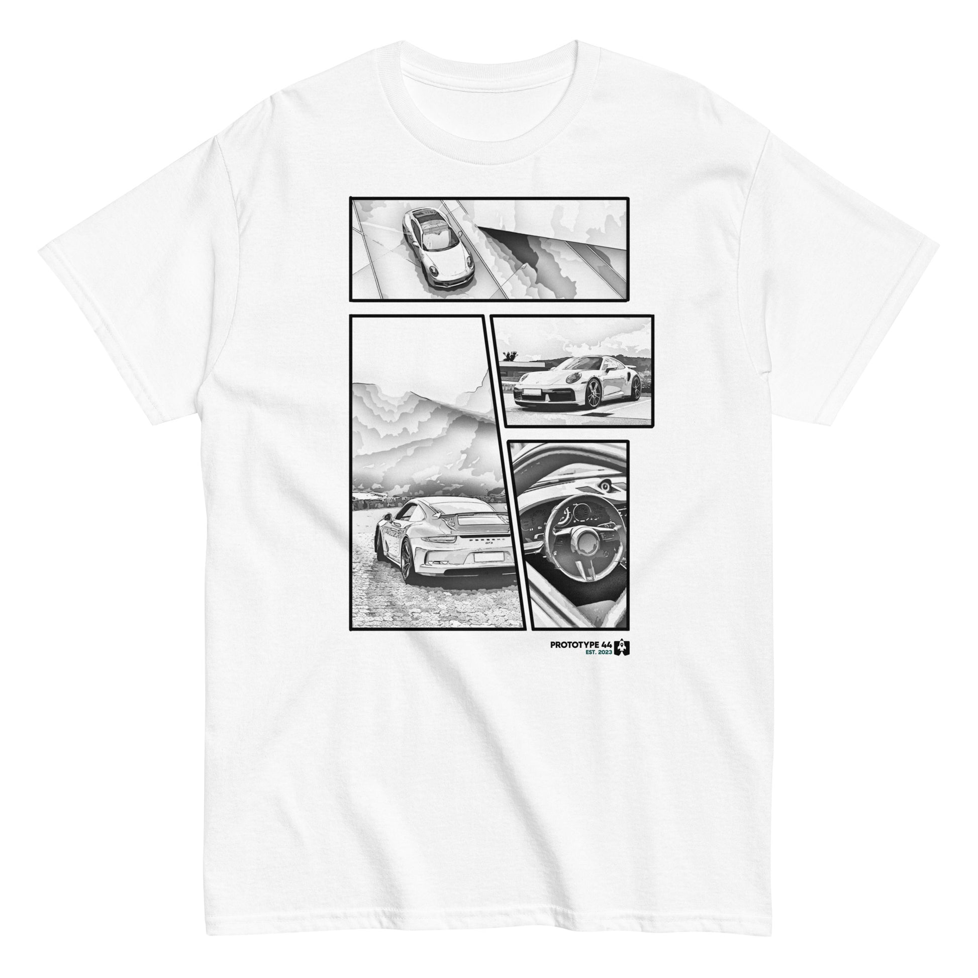 men's white Porsche t-shirt on white surface
