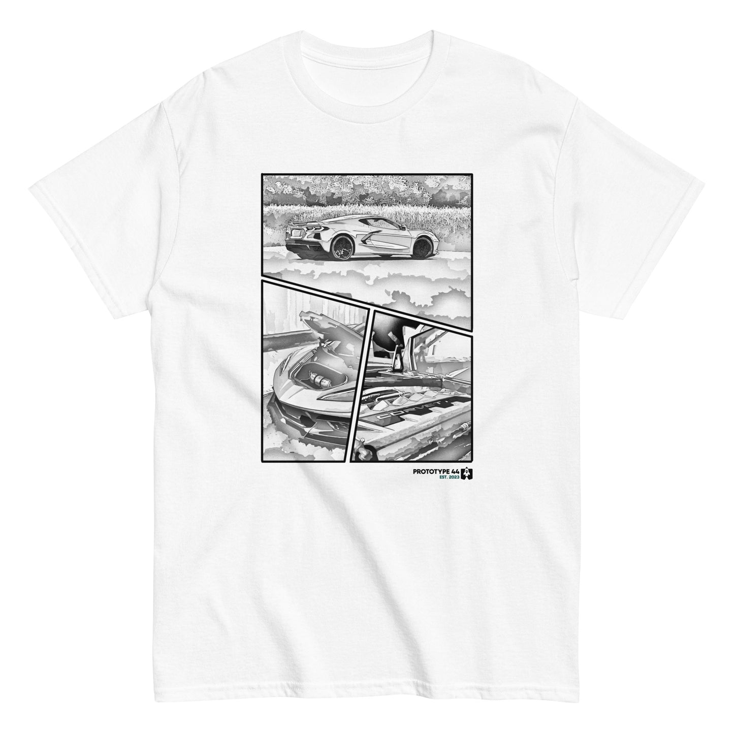 t-shirt with 3 panel manga, corvette side view, engine bay, frunk open