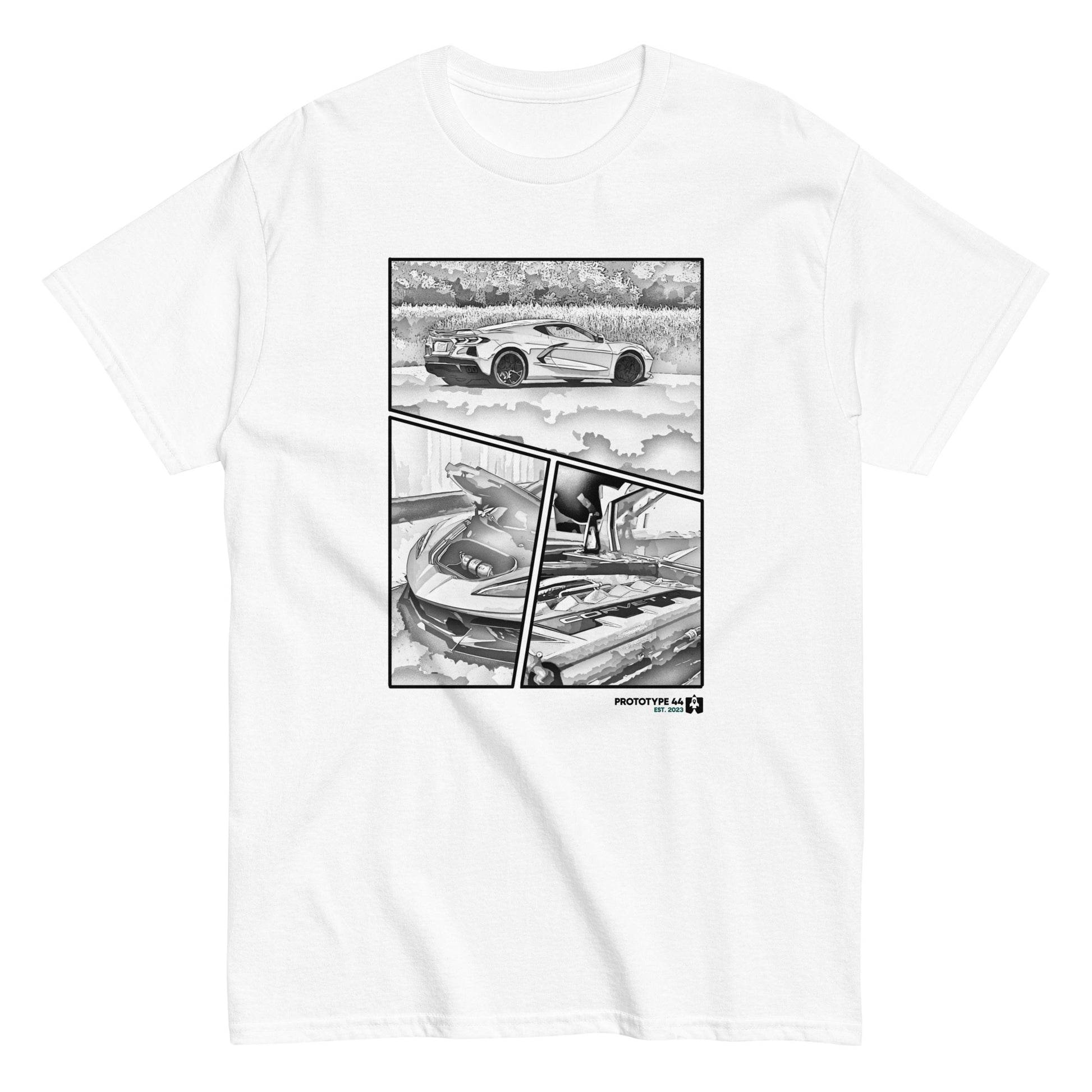 t-shirt with 3 panel manga, corvette side view, engine bay, frunk open