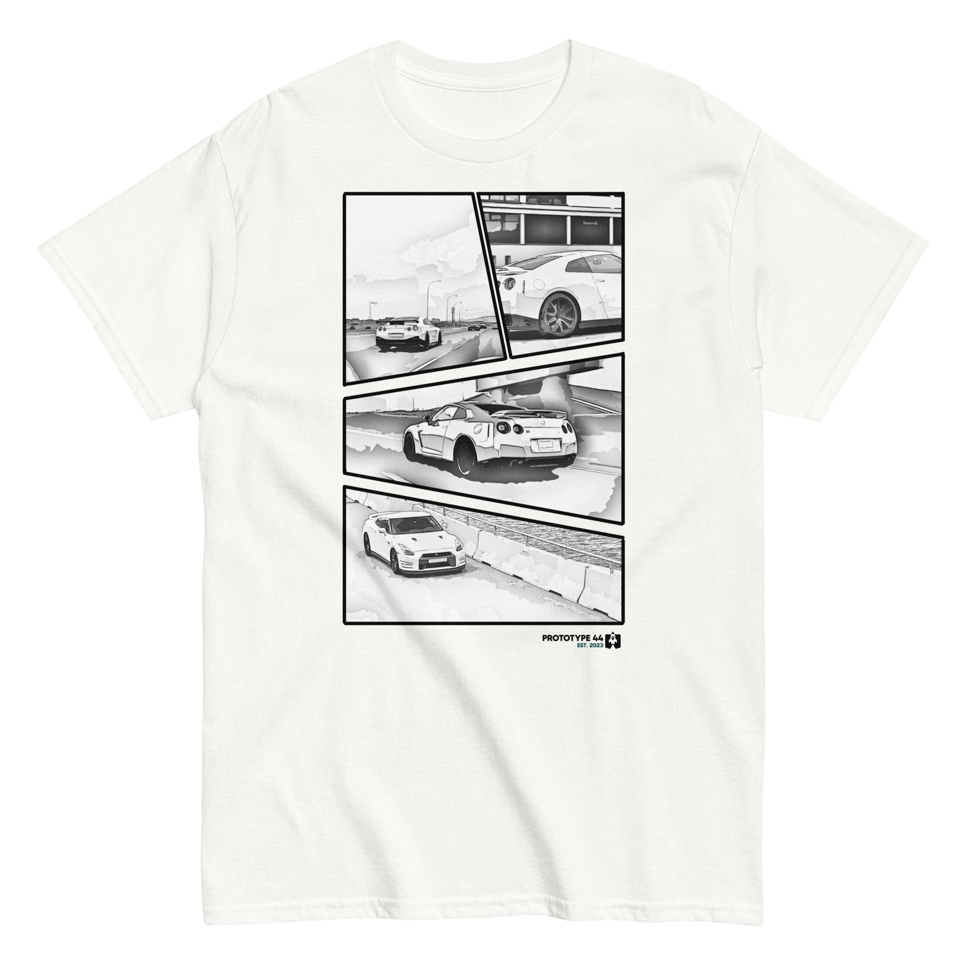 t-shirt on white surface. Manga with 4 panels. Multiple views of Nissan R35 GTR exterior on road and near structure.