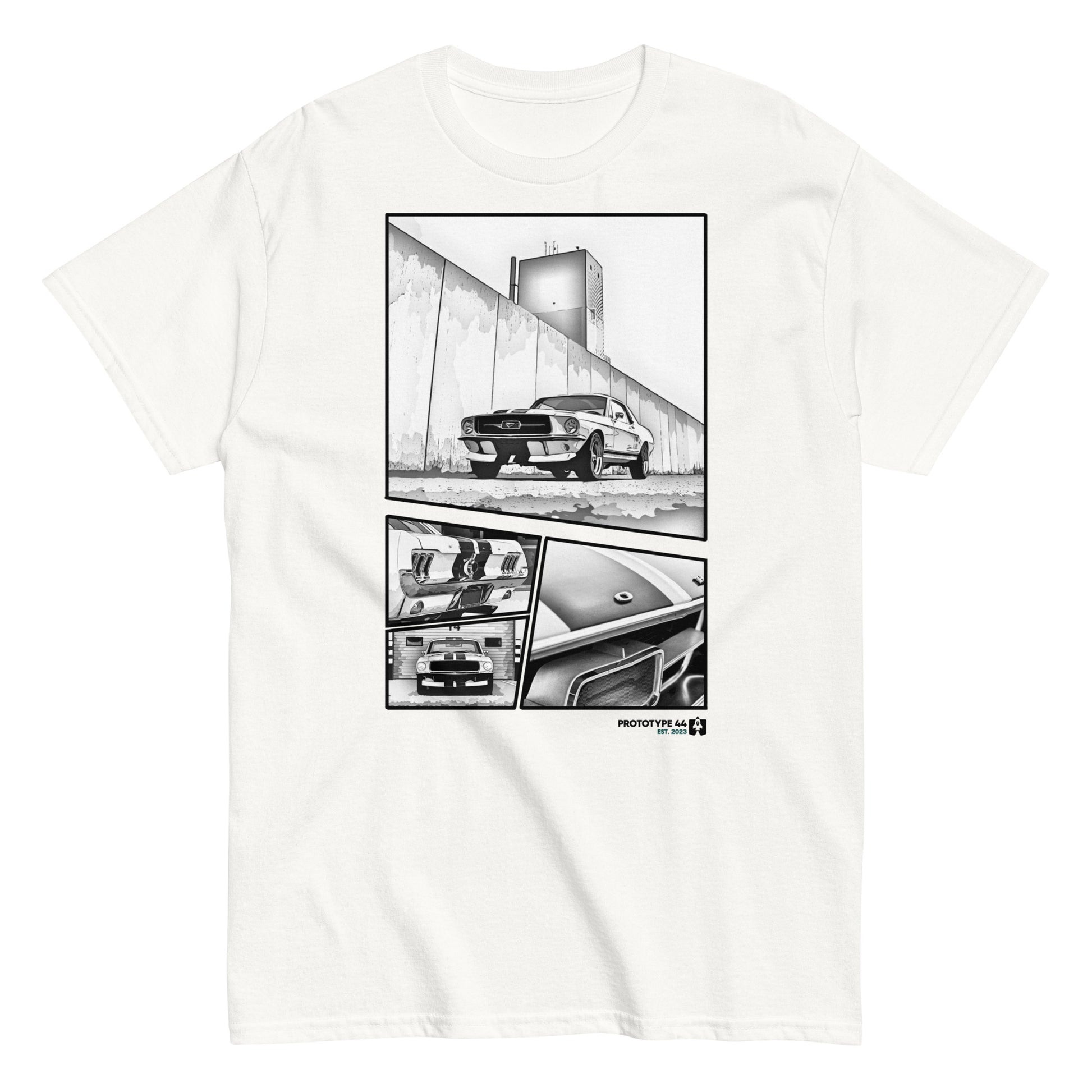 Cotton t-shirt on white surface. Manga with 4 panels. Center and quarter front view of Ford mustang. Also closeup views of hood and tail.