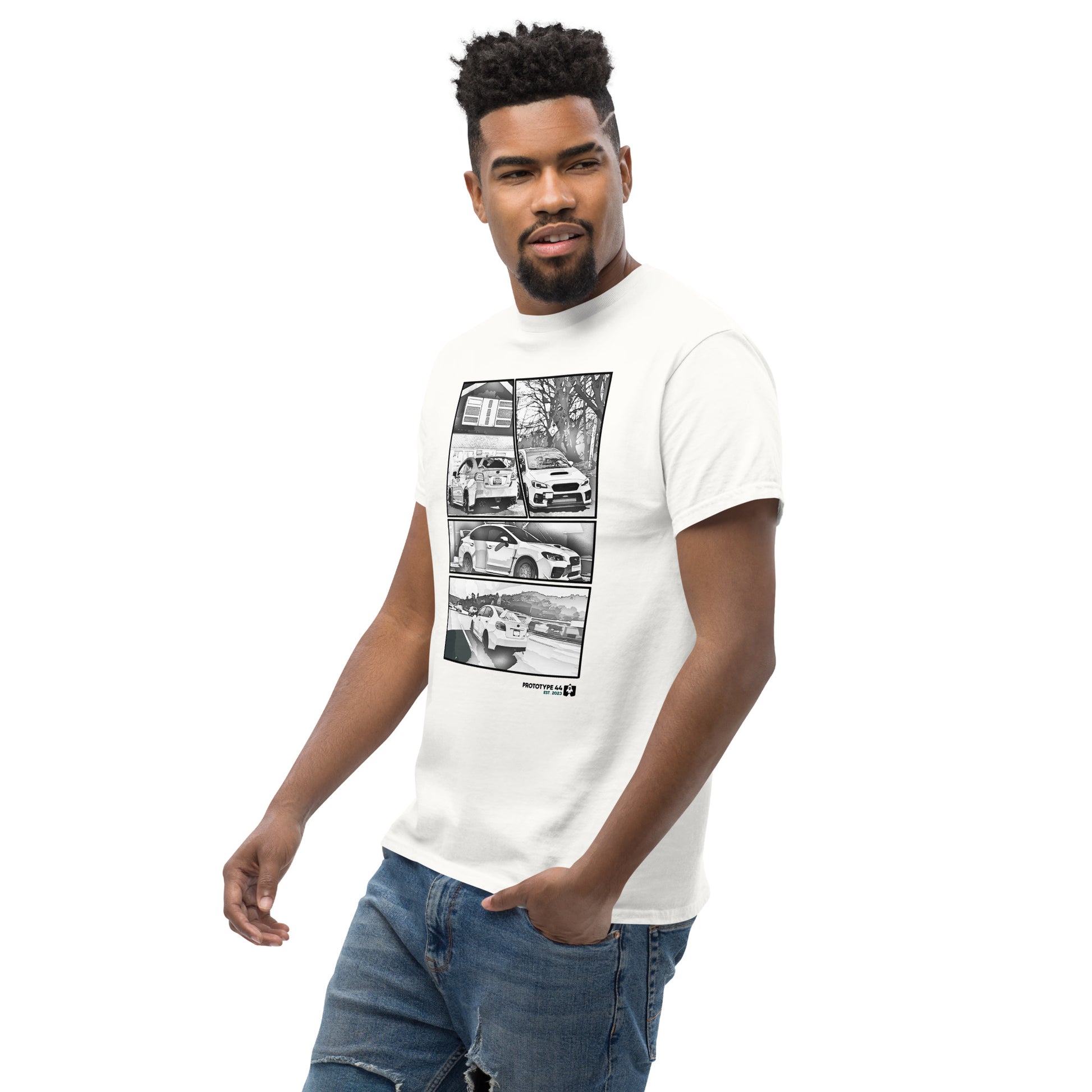 Man glancing sideways while wearing Subaru WRX STi T-shirt
