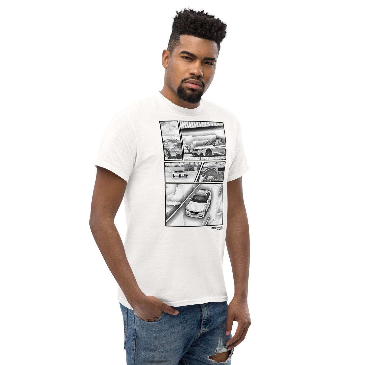 man standing sideways with hand in jeans pocket wearing BMW M3 white t-shirt