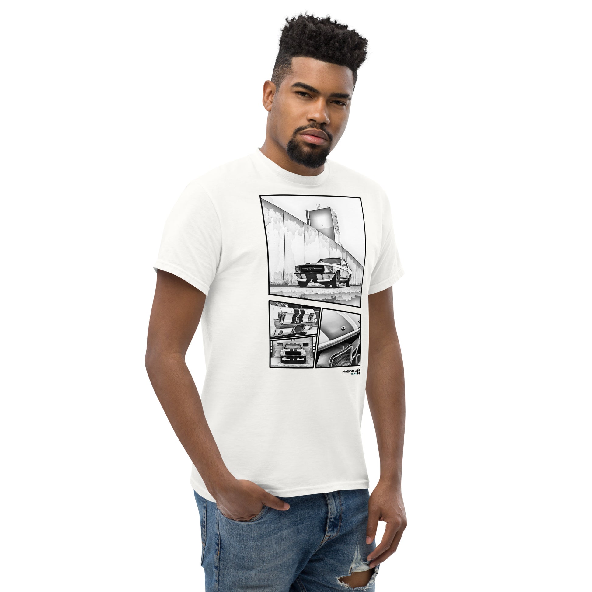 Man looking somewhat serious wearing classic Ford Mustang white cotton shirt