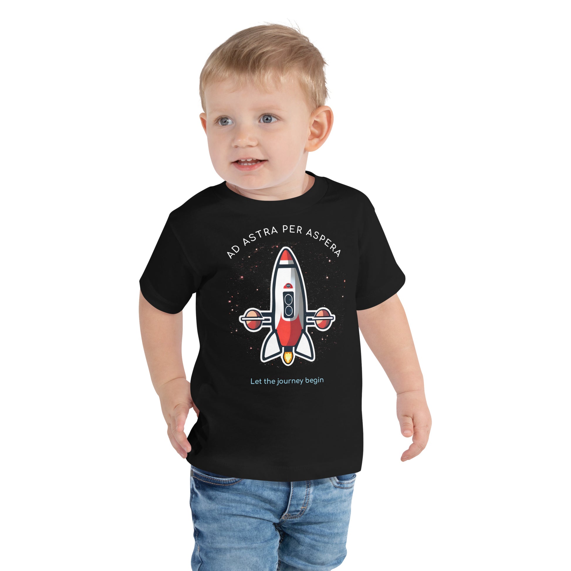 boy wearing black rocketship t-shirt