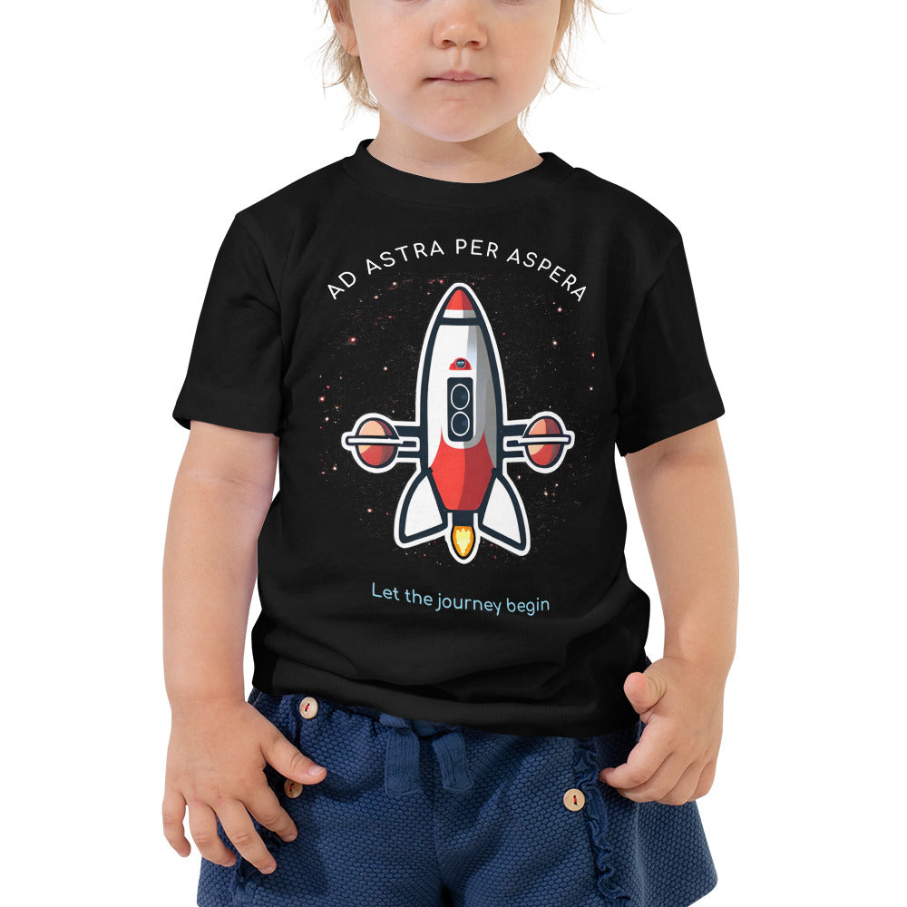 girl wearing black rocketship shirt