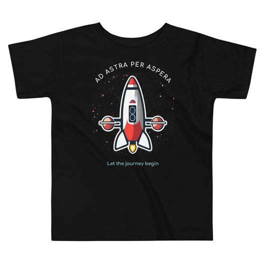 black rocketship shirt with the words Ad Astra Per Aspera on white background