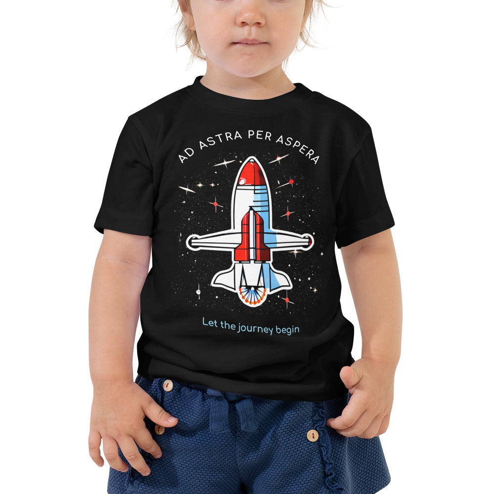 girl wearing black rocketship t-shirt