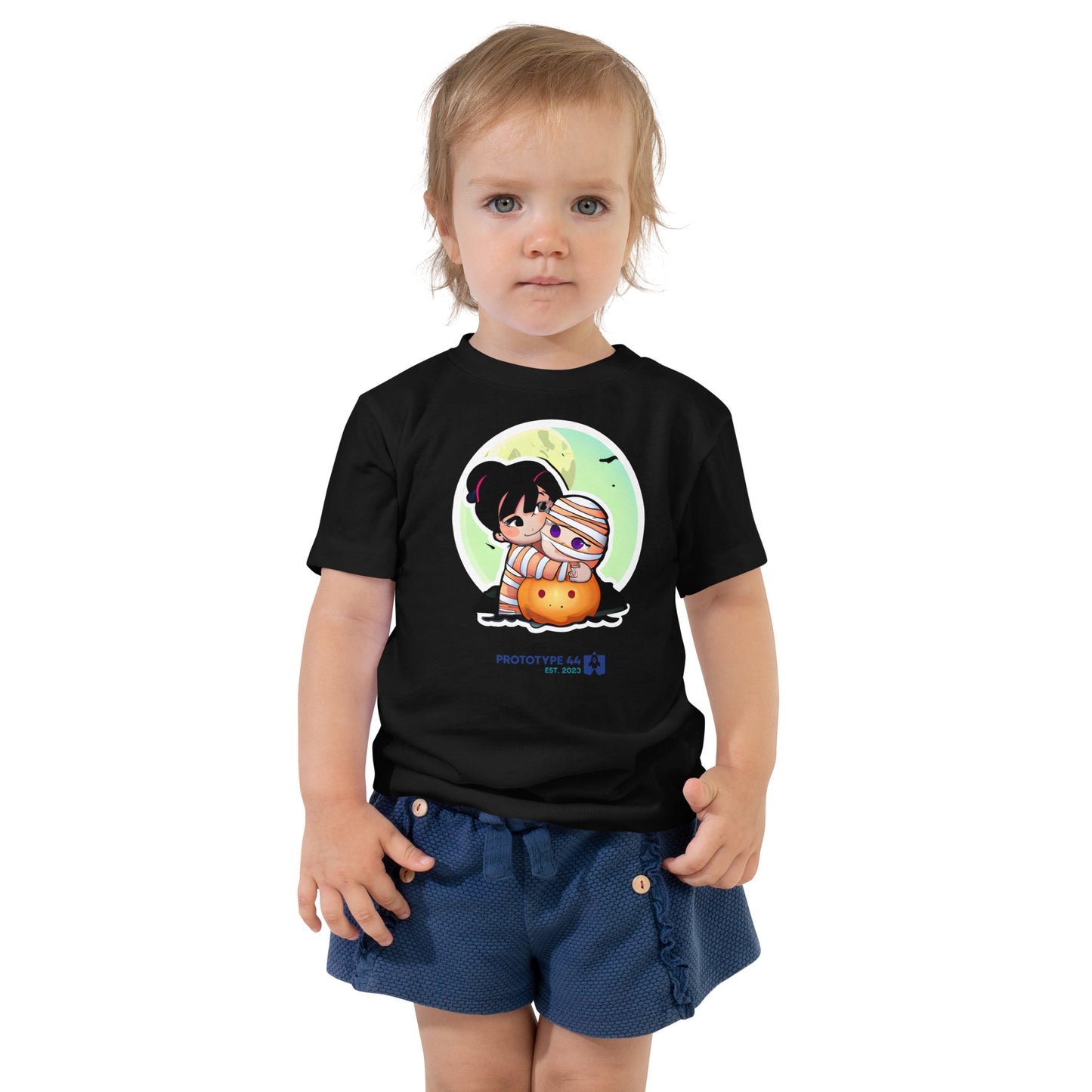 3 year old girl wearing black halloween t-shirt