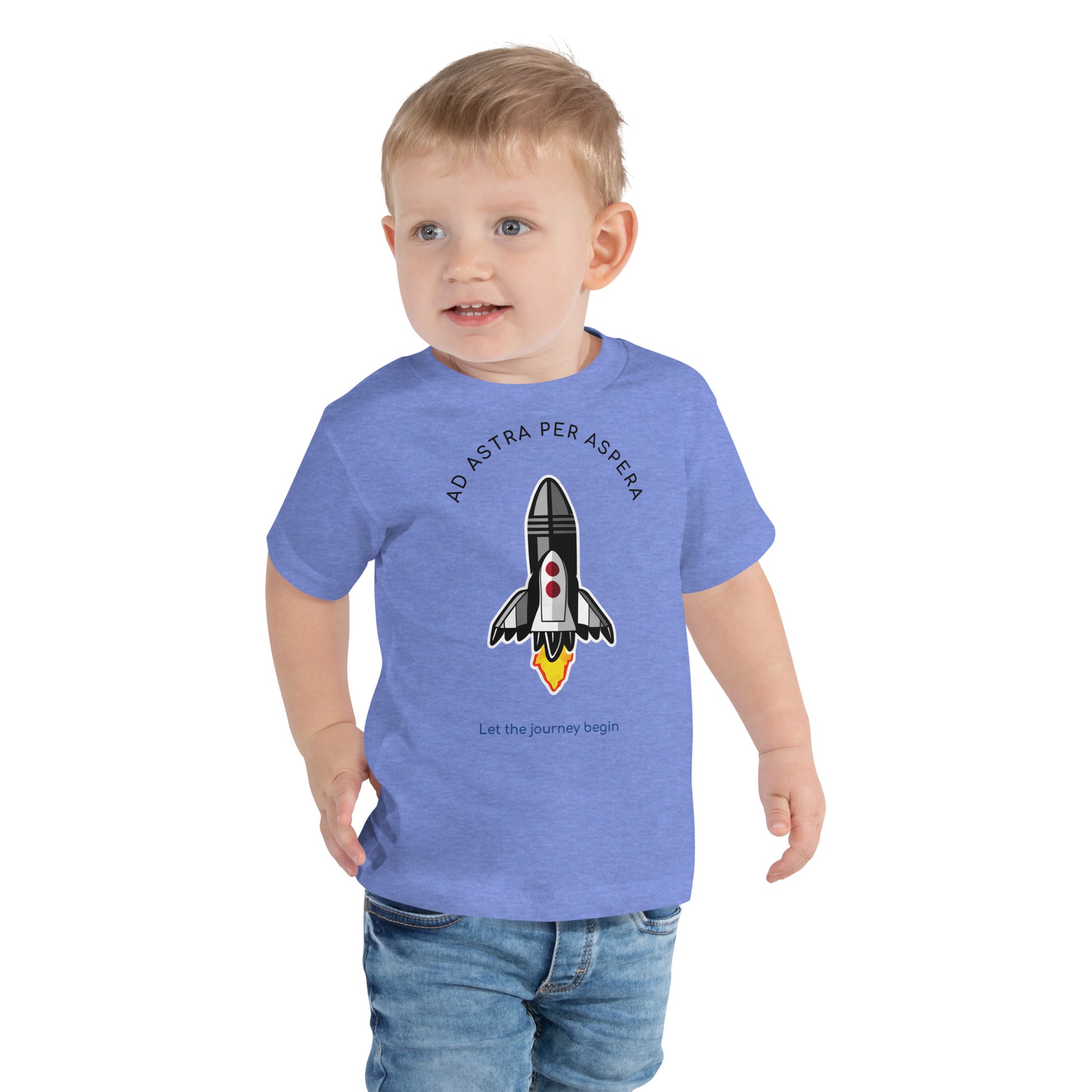 3 year old boy wearing blue rocket shirt