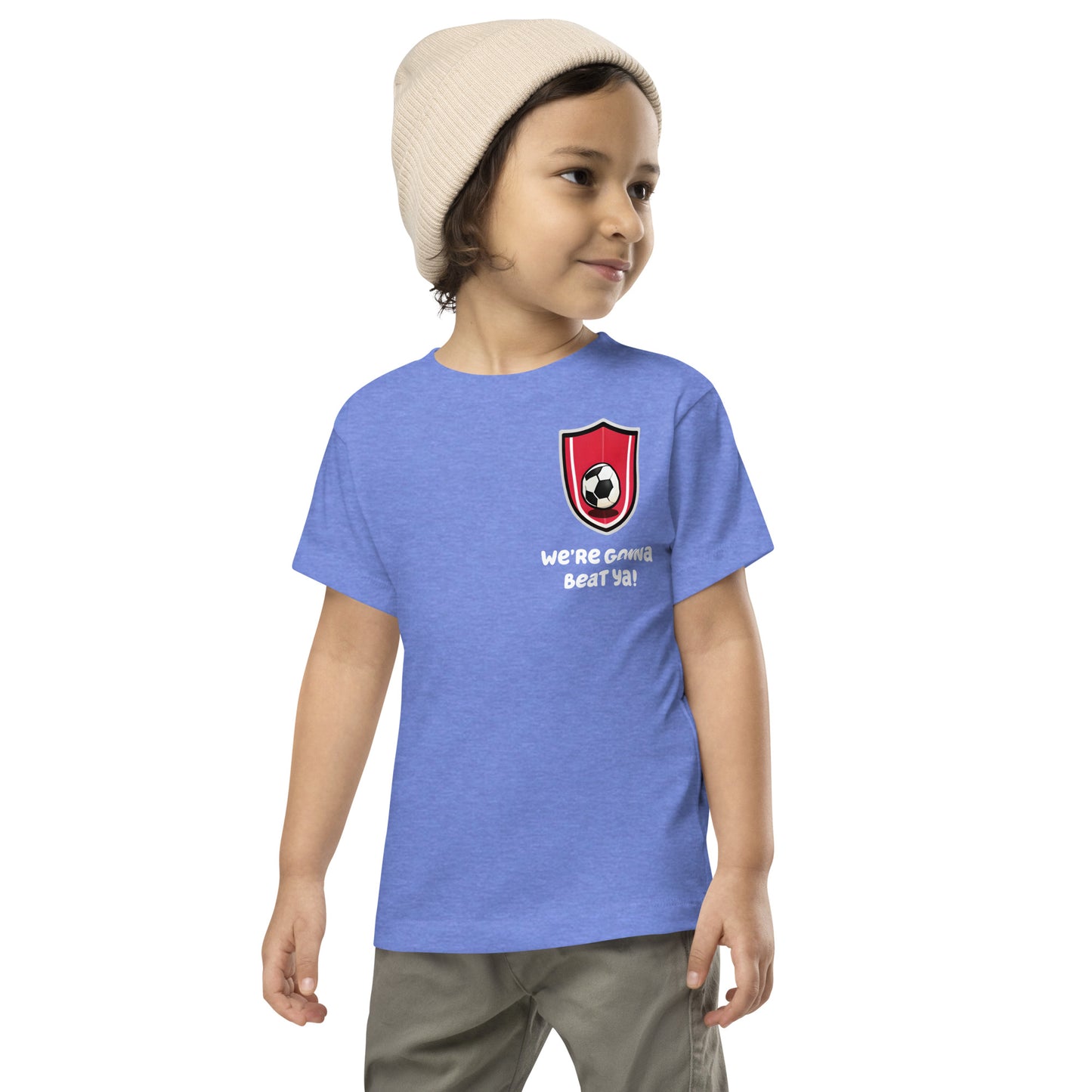 boy looking sideways while wearing Bluey Team Mom blue shirt