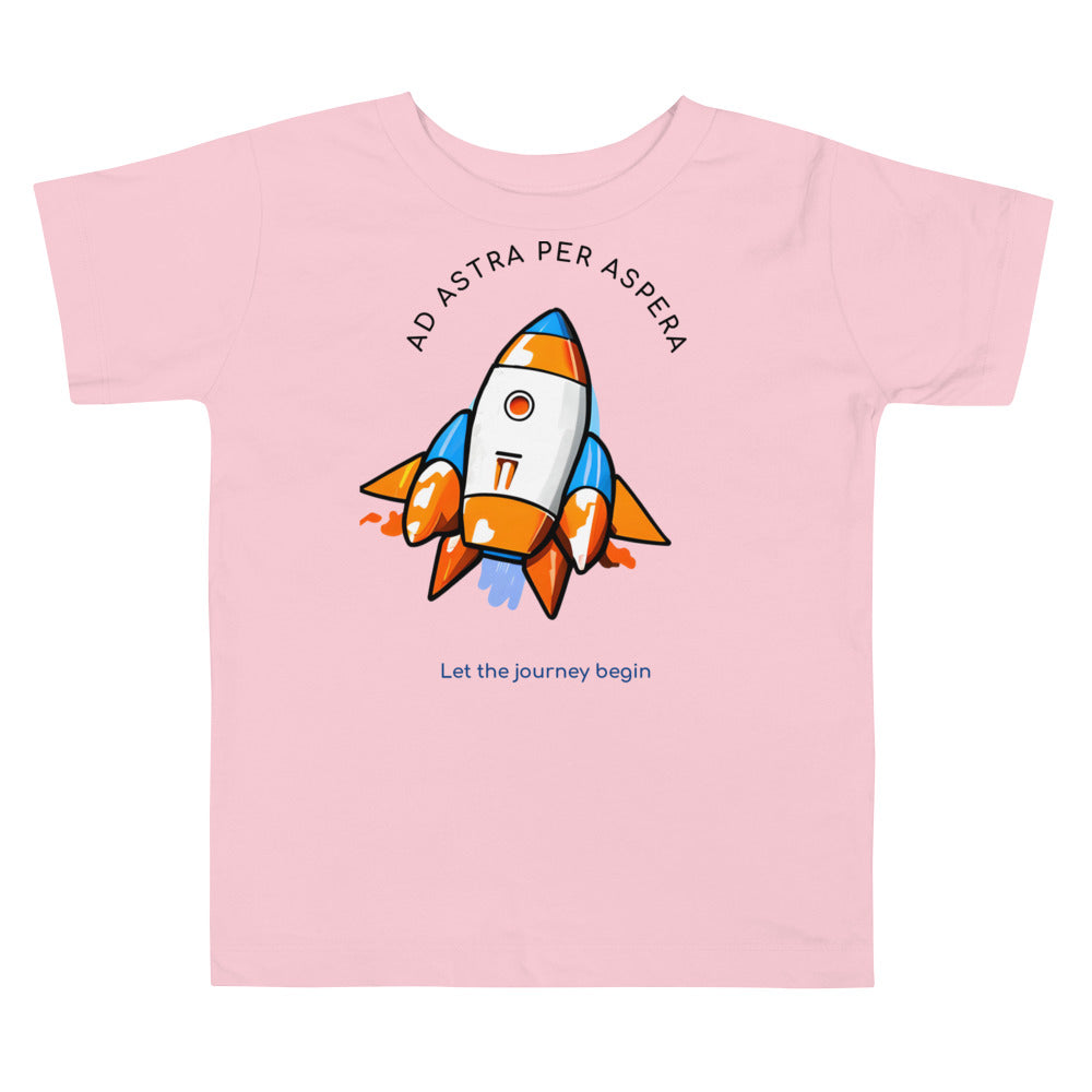 pink rocketship cotton shirt with motto Ad Astra Per Aspera written on top