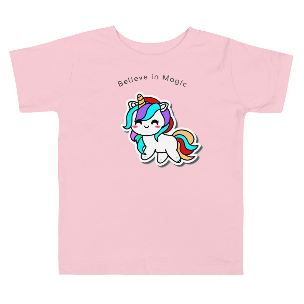 Smiling unicorn pink t-shirt on white background