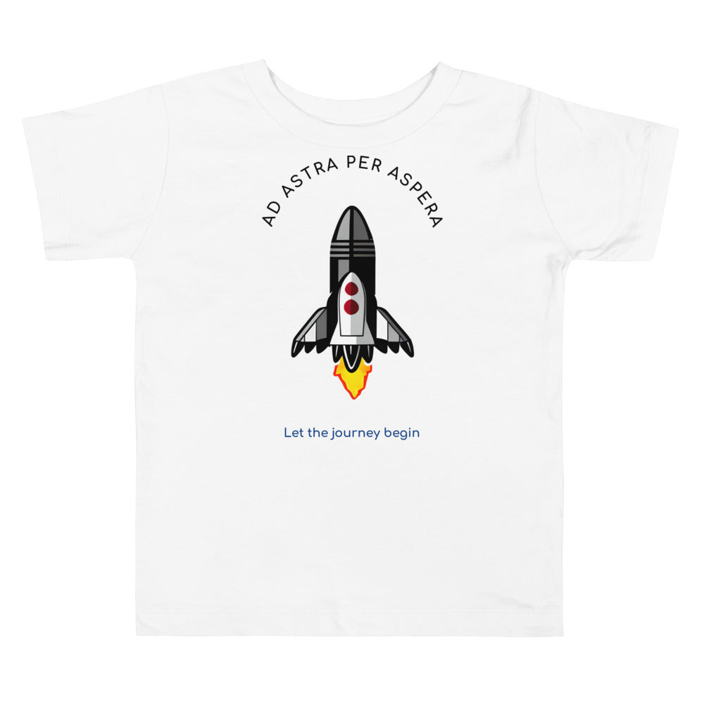 white t-shirt with rocket ship graphic