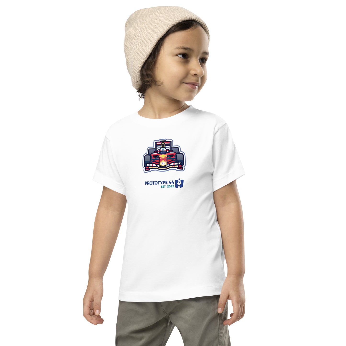 kid wearing t-shirt looking to his left