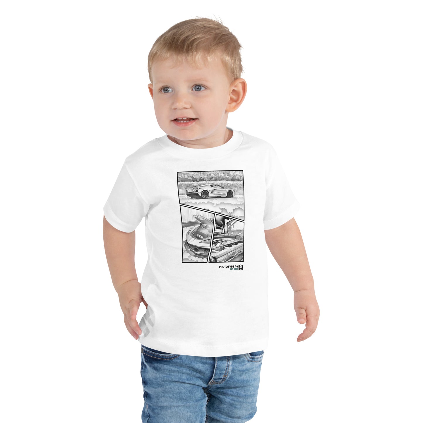 toddler boy wearing white corvette shirt