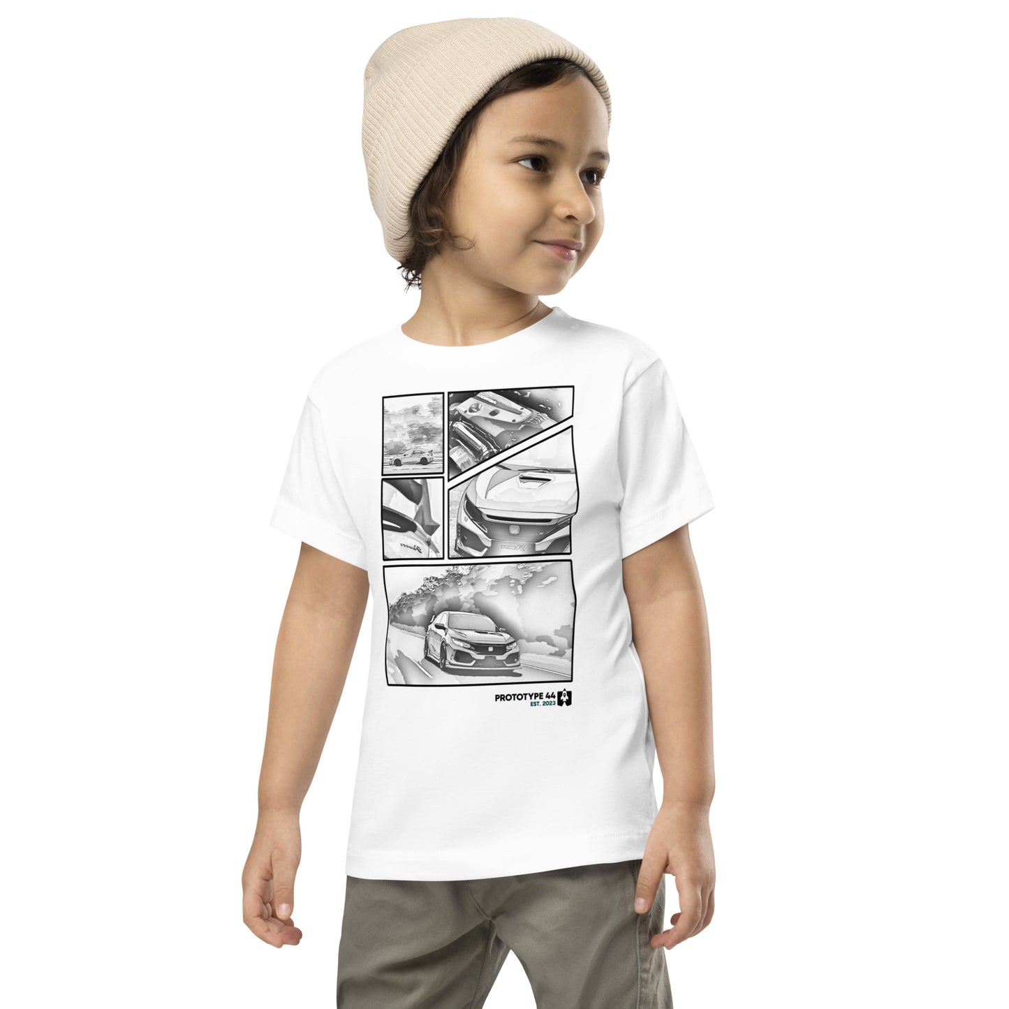 boy looking sideways while wearing Honda Civic Type-R toddler shirt