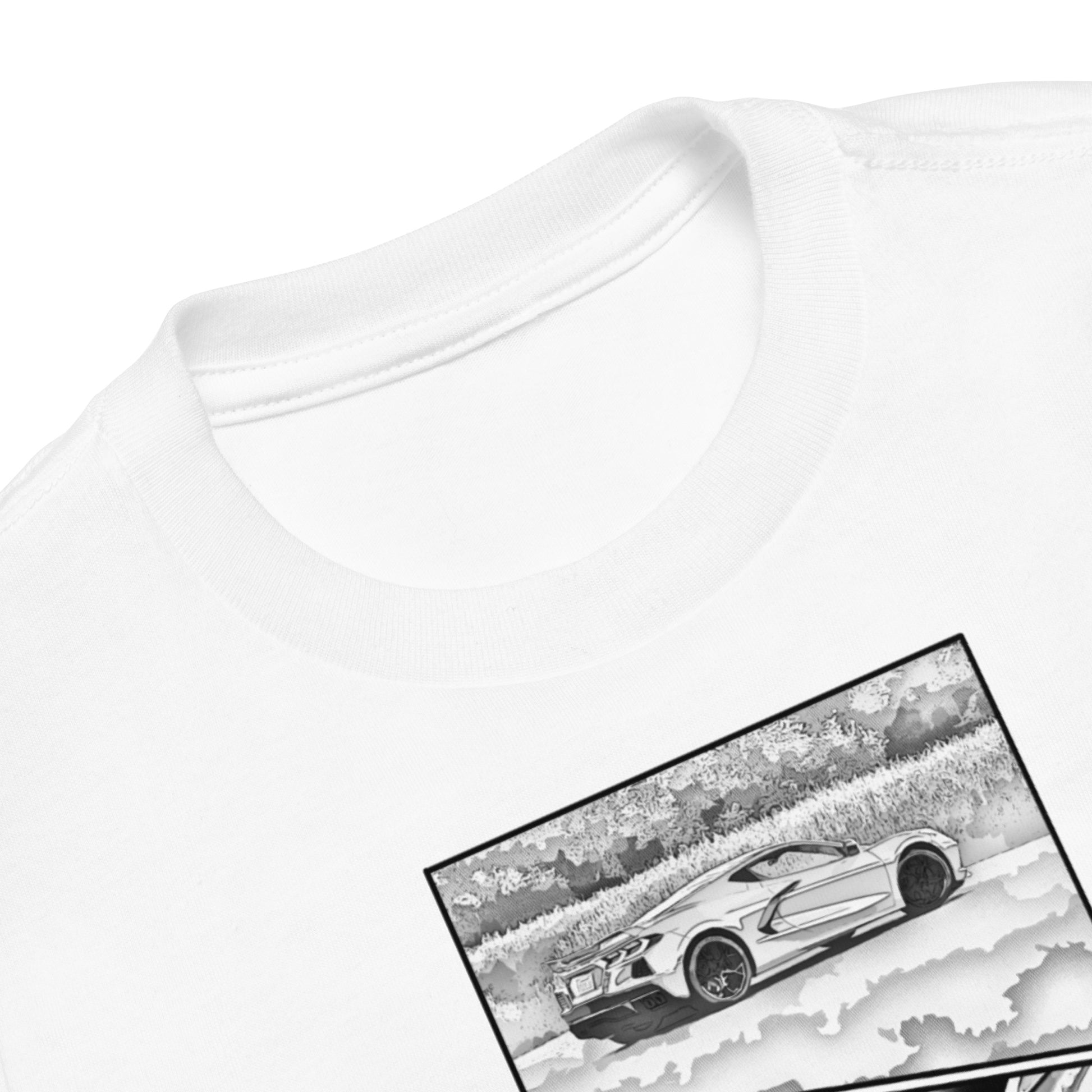 closeup of t-shirt showing side view of Corvette C8