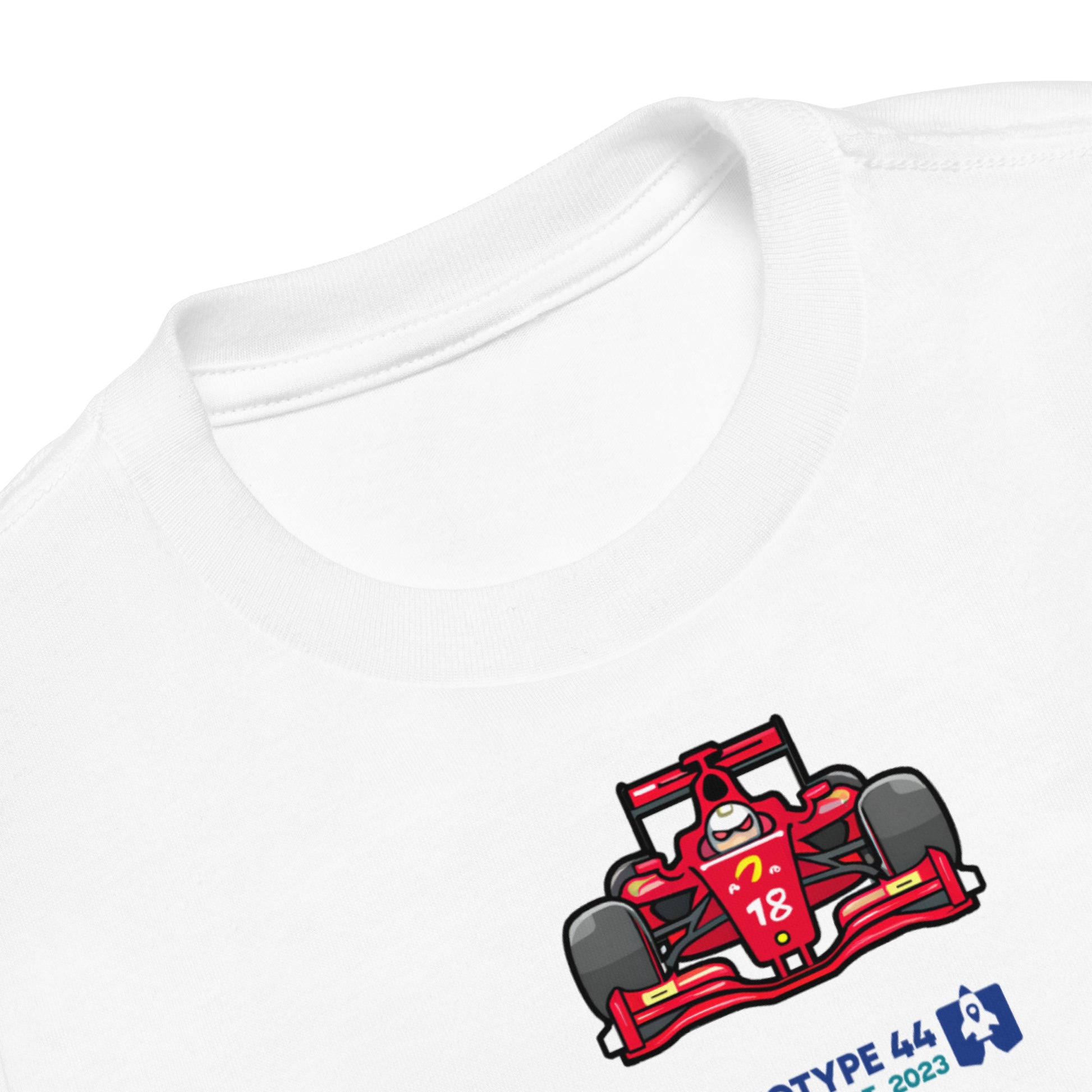 closeup of toddler t-shirt with red formula 1 race car