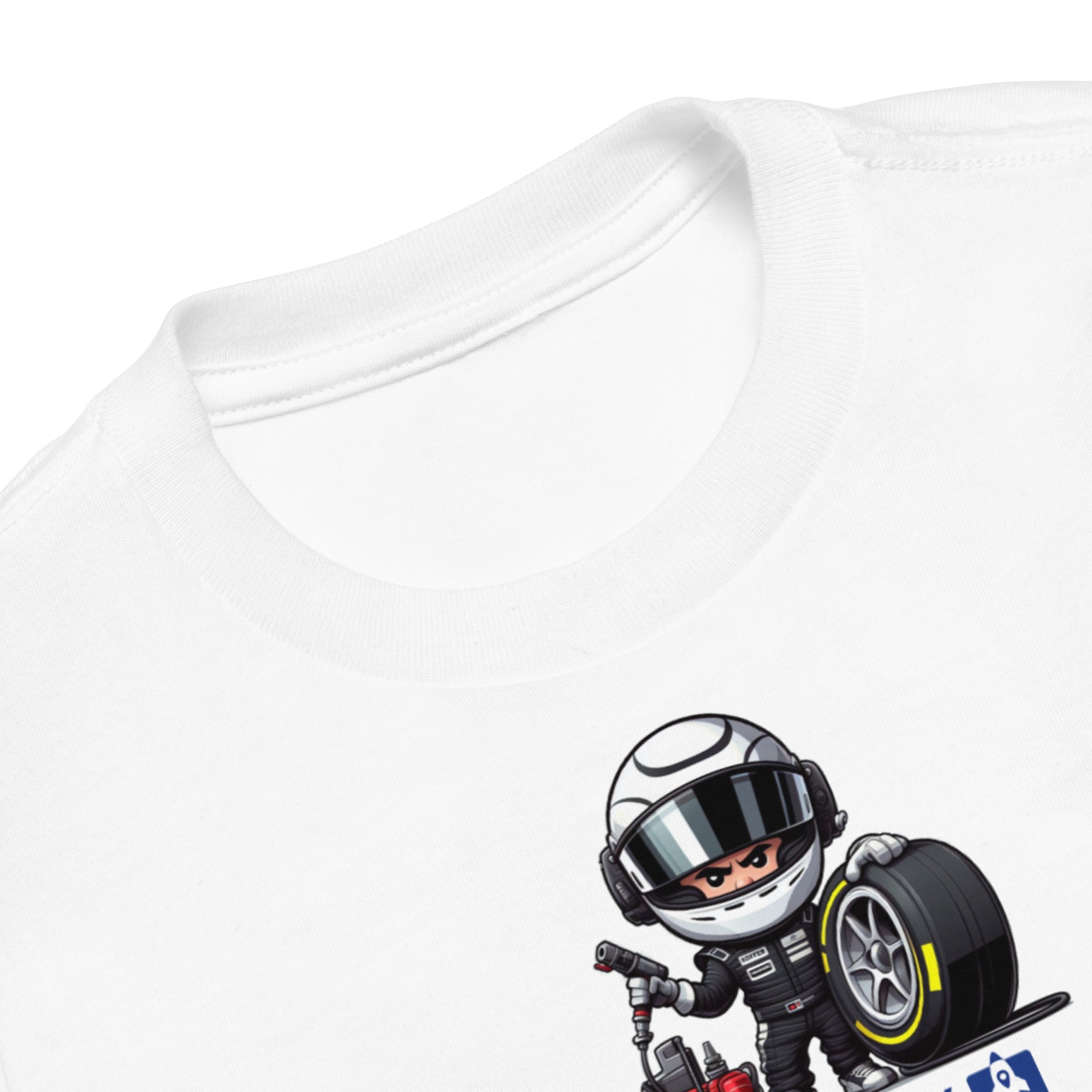 Closeup of kids t-shirt with a cartoon version of a F1 pit lane crew member