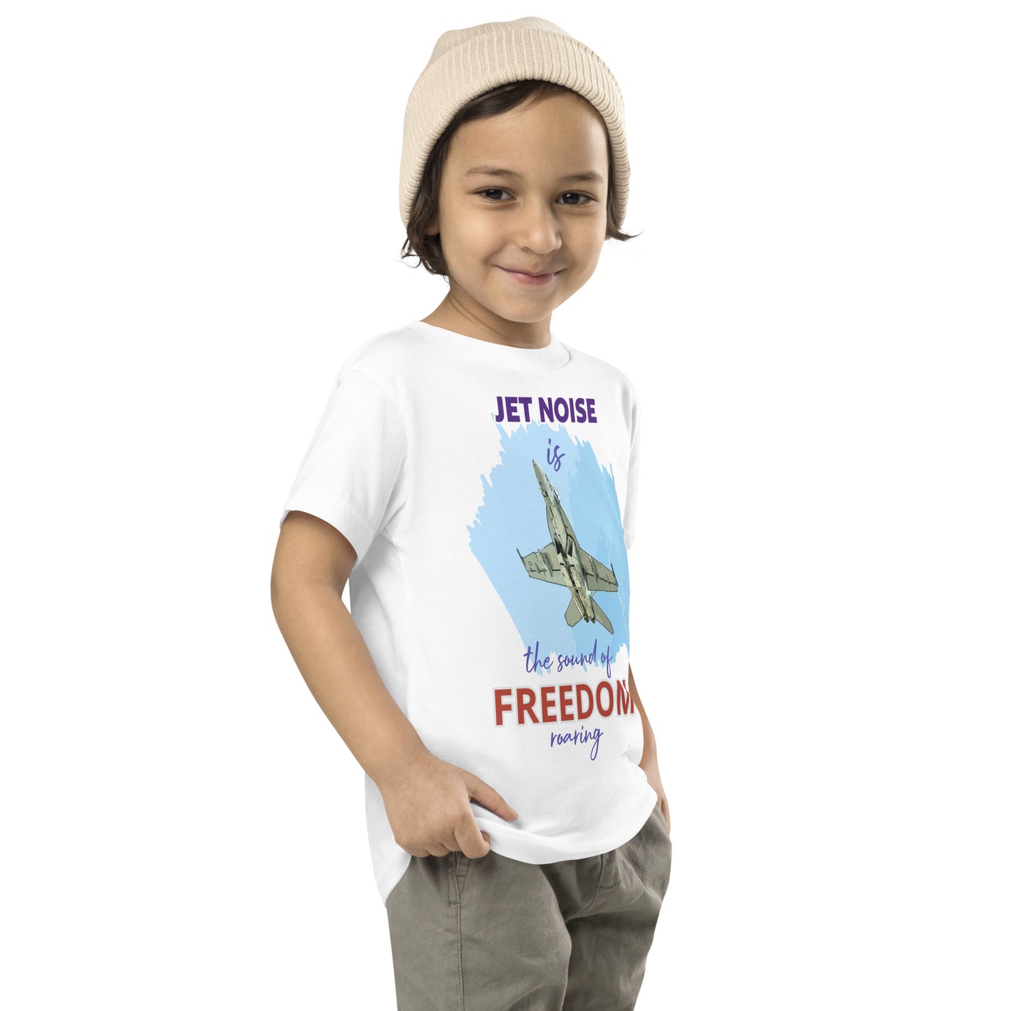 side view of boy wearing the jet noise t-shirt