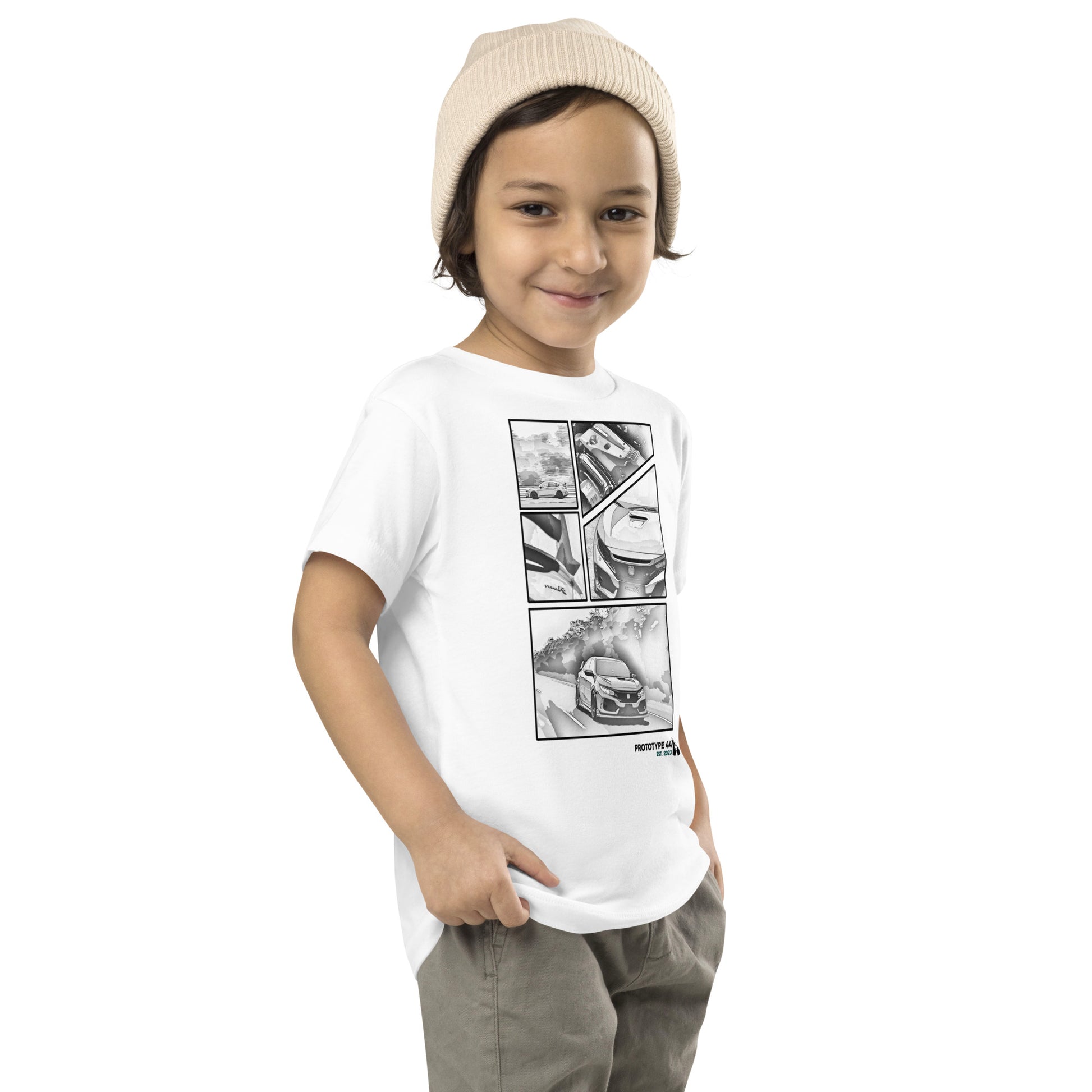 boy smirking while wearing Honda Civic Type-R toddler shirt