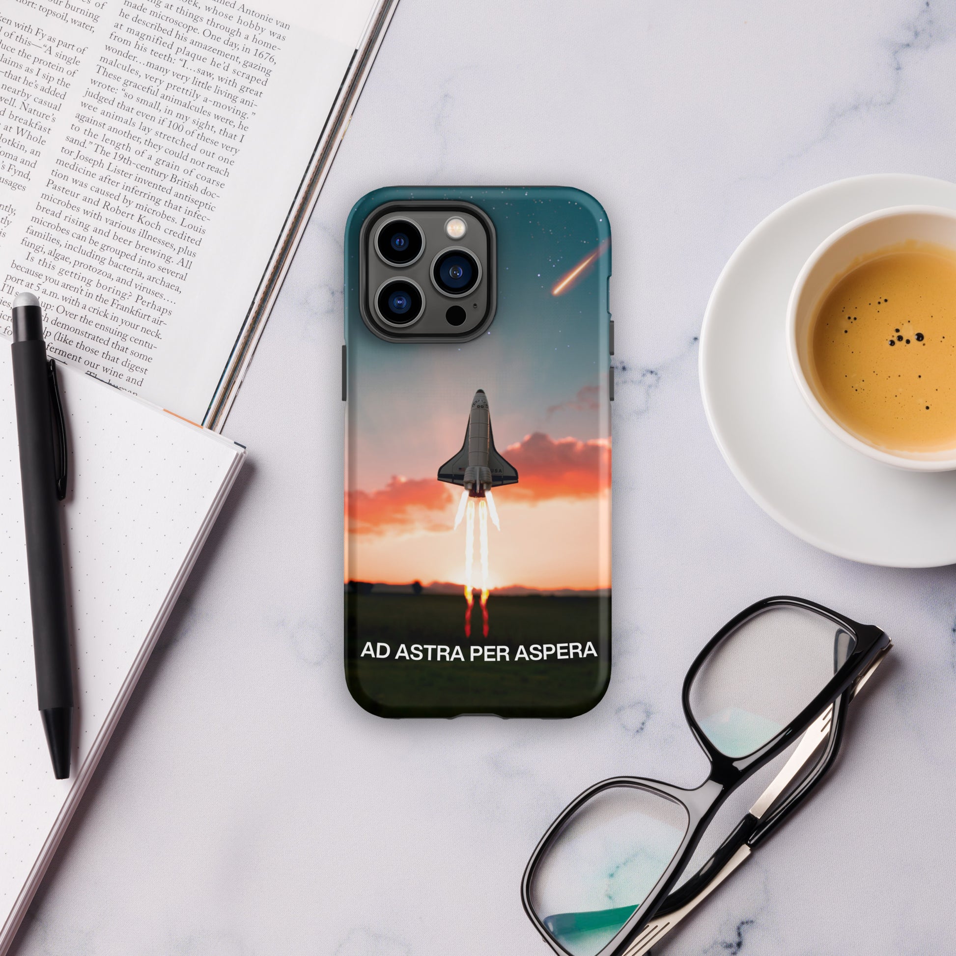 phone case with futuristic space shuttle against night sky with a comet