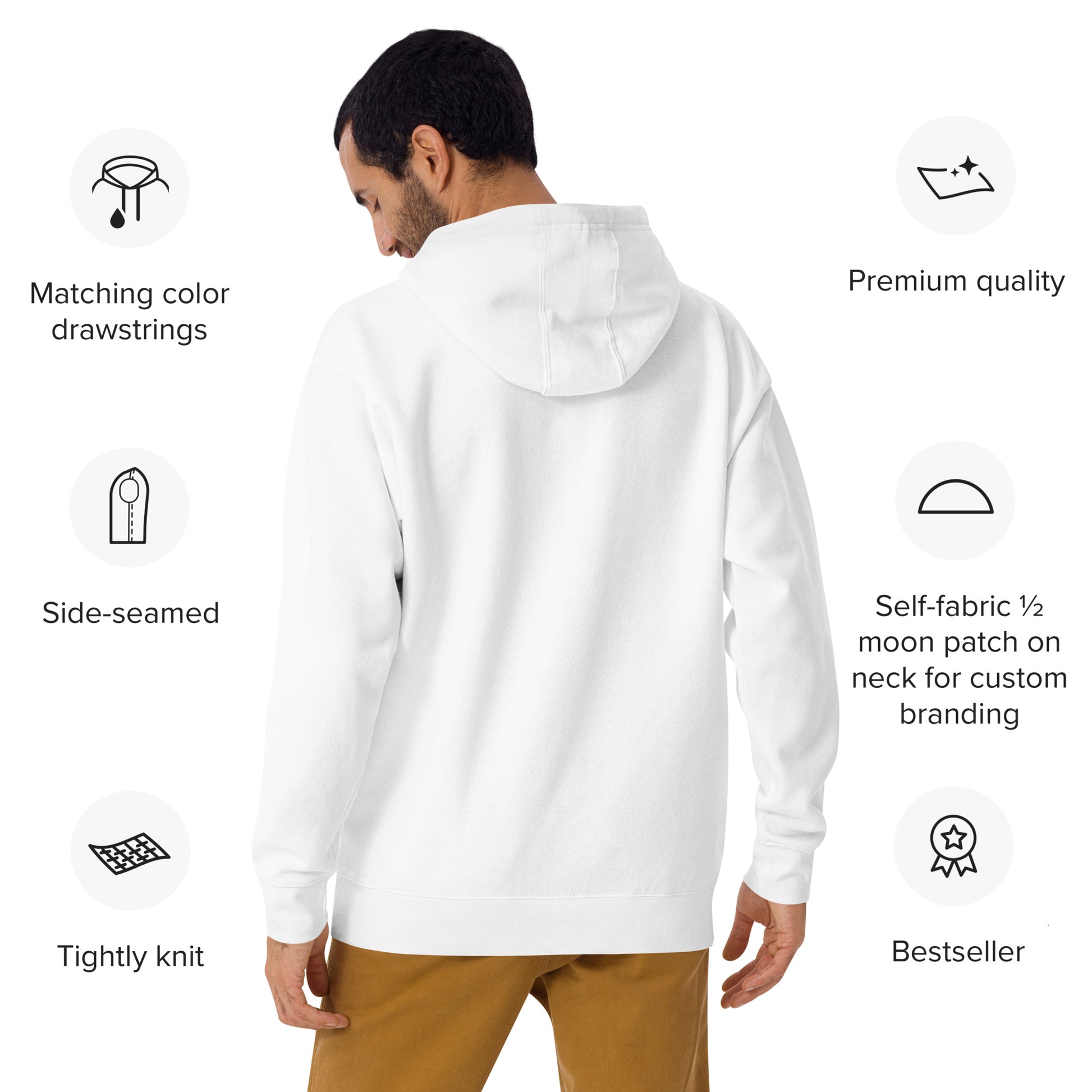 back of hoodie showing features such as side-seamed, tightly knit, premium quality etc