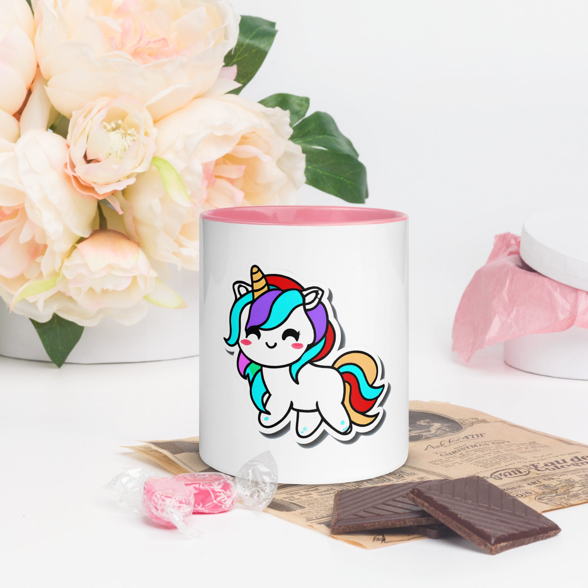 white coffee mug with unicorn cartoon and pink color inside surrounded by flowers and chocolate