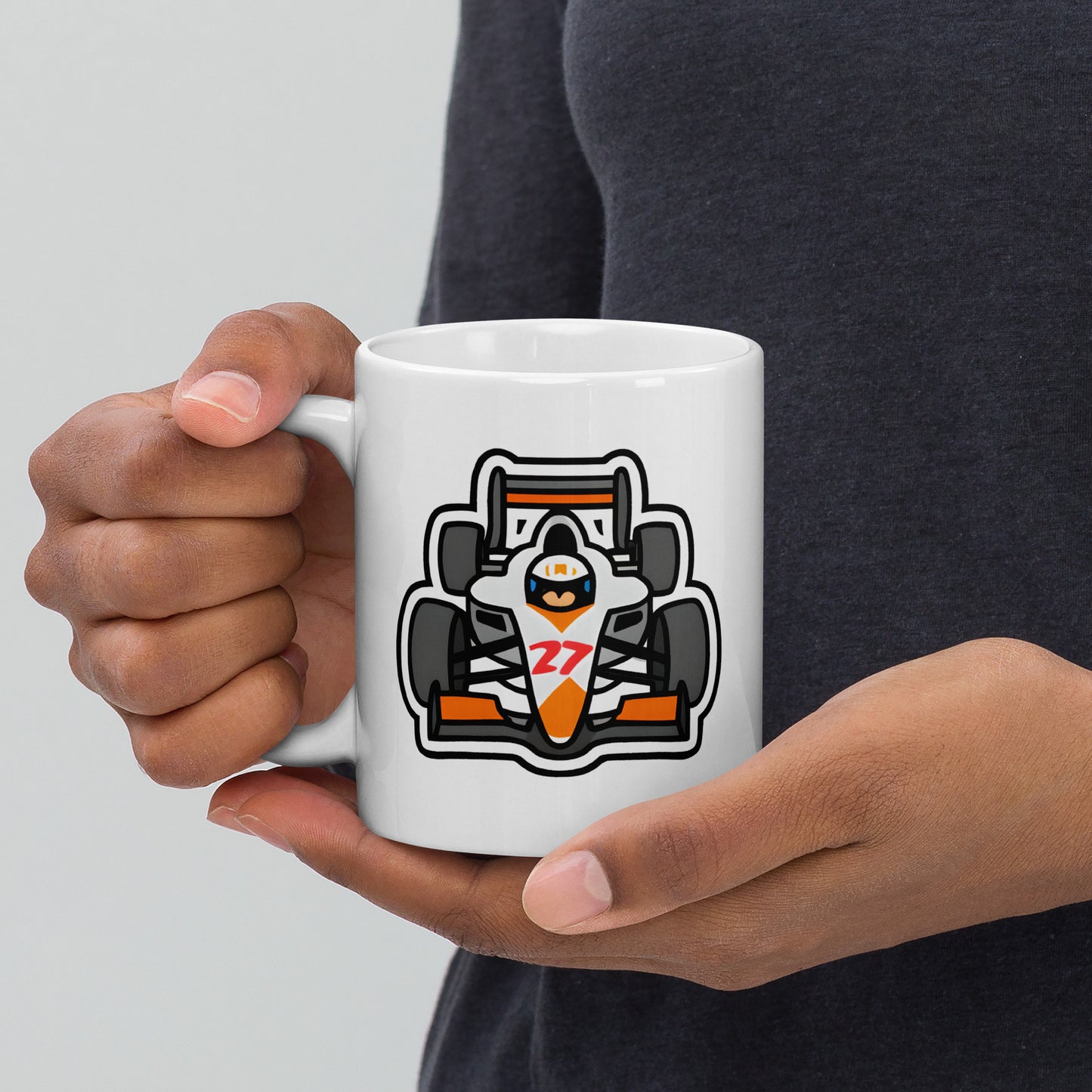 coffee mug showing formula 1 race car cartoon